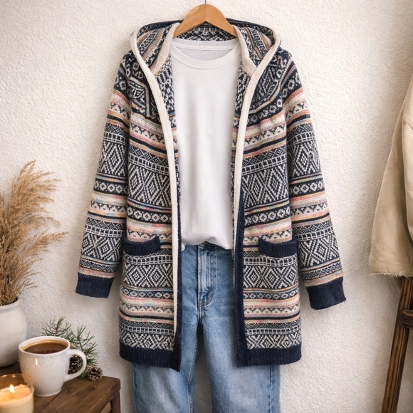 Monteau Sweaters - Monteau Hooded Cardigan Cozy Fair Isle Multicolor Open Front Sweater Size M